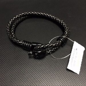 Black Leather Woven Skull Bracelet Handmade